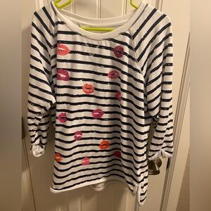 Style Co 1X Essential Sweatshirt Striped Top Kiss Lips Rhinestones Long Slv